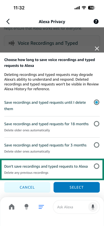 Screenshot of the Alexa app with the Don't save recordings and typed requests to Alexa option highlighted.