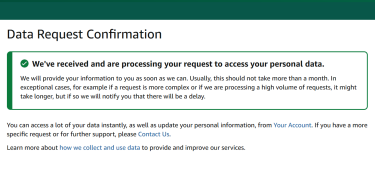 Data request confirmation message from Amazon.