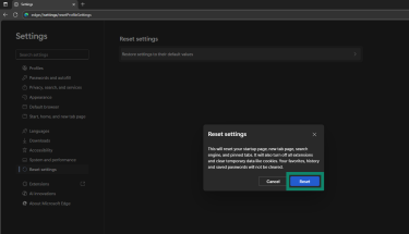 Clicking on Reset button begins the Edge reset process