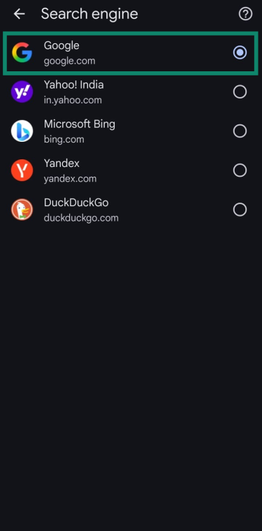 Android Chrome search engine selection page.