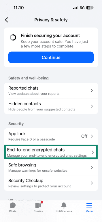 The Messenger privacy and safety menu, with the end-to-end encrypted chats option highlighted.