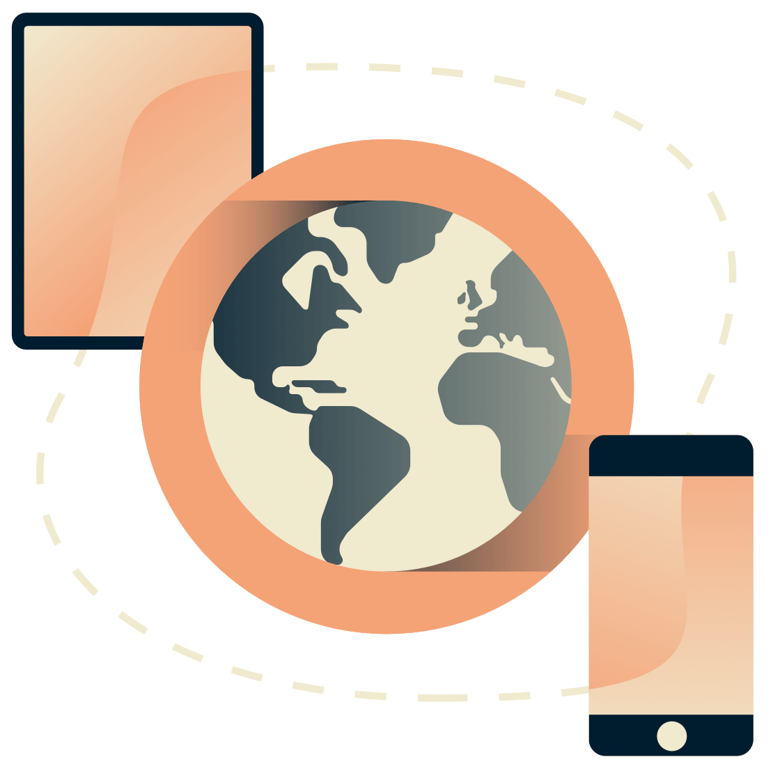 Tablet og telefon omkring en globus.