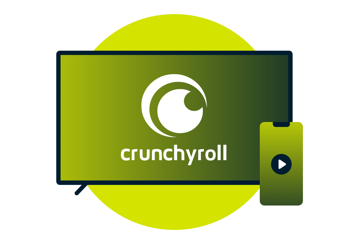 Fernsehbildschirm mit Crunchyroll-Logo.
