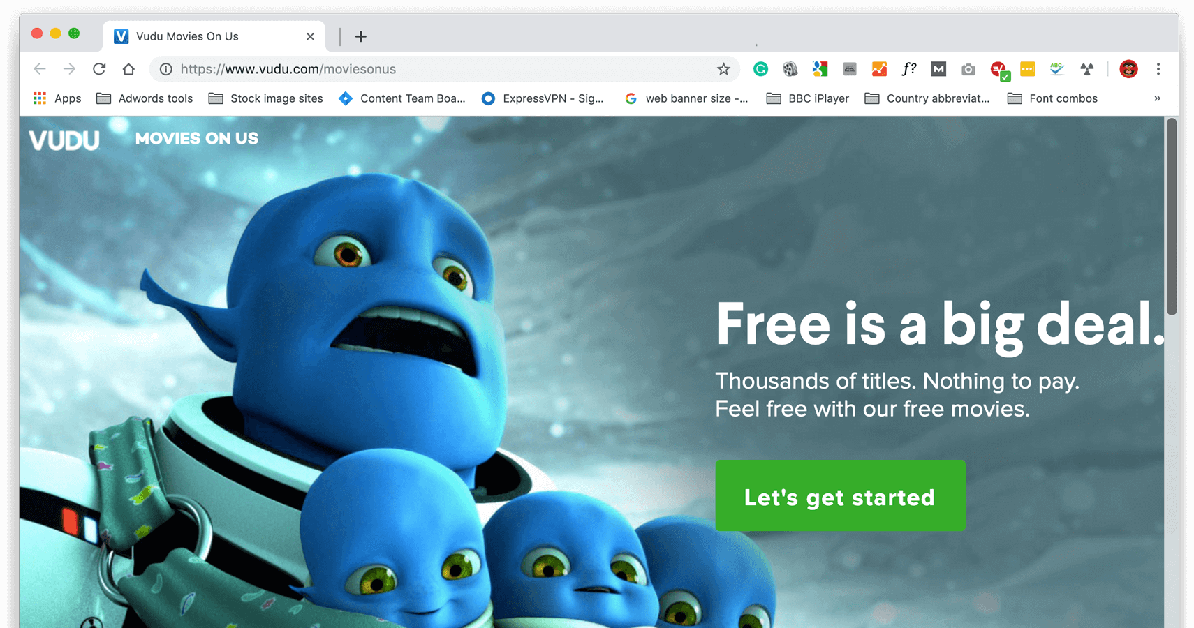 Et skærmbillede af Vudus hjemmeside, der viser Movies On Us.