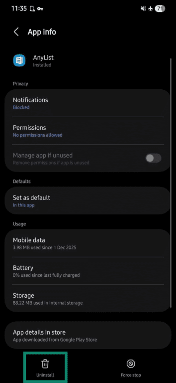 How to uninstall an app on an Android device.