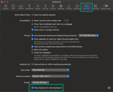 Enable features for web developers in Safari browser.