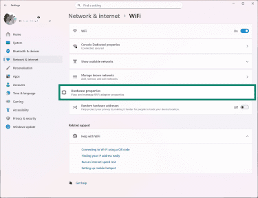 Windows 11 Wi-Fi settings, showing how to access hardware properties.