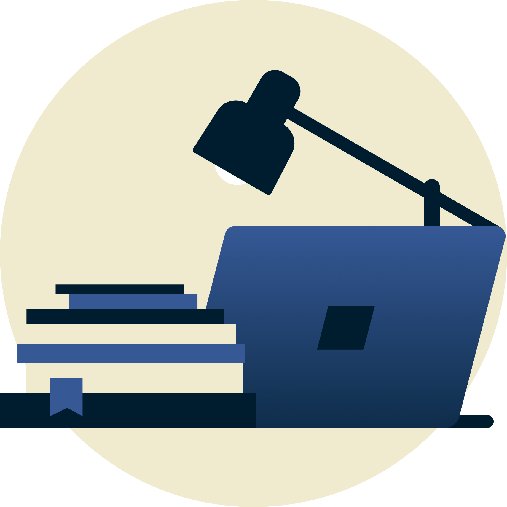 Lampka nad podręcznikami szkolnymi i laptopem odwrócona od Ciebie.