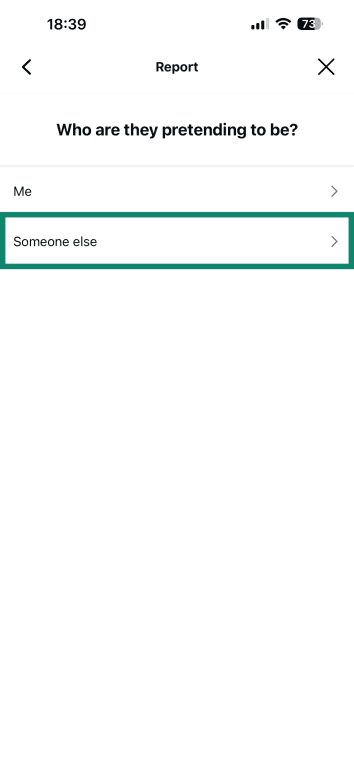 The Report menu in the Instagram app asking if a profile impersonates you or someone else.