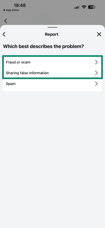 The Report menu in the Facebook app asks if you're reporting a fraud/scam or the sharing of false information.