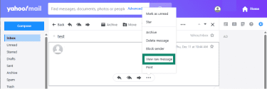 The menu window for the Yahoo email is open and View raw message is highlighted.