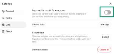 The DeepSeek settings page with Improve the model for everyone option turned off.