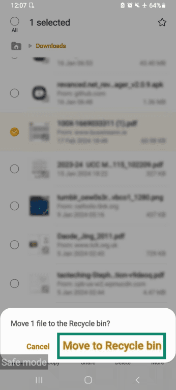 Move file to Recycle bin prompt on Android (Samsung).