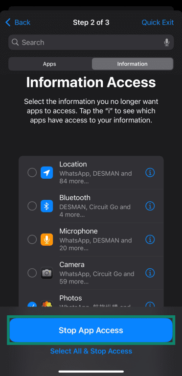 Viewing different permissions and what apps are accessing them through the Safety Check feature in iOS.