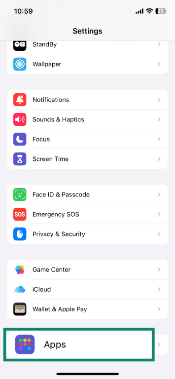 iOS settings app on an iPhone with the Apps menu item highlighted.
