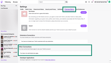 Twitch Connections settings tab showing Other Connections section for authorized apps.