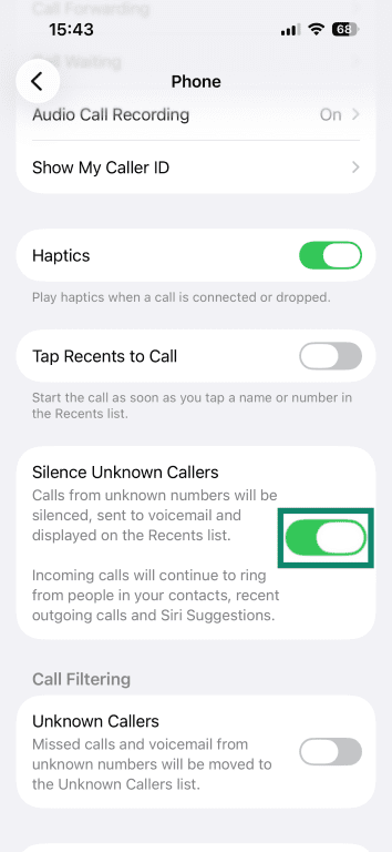 'Silence Unknown Callers' slider highlighted on iPhone.