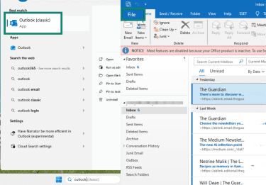Outlook Classic app and "File" option highlighted in Outlook app.