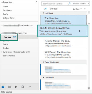"Inbox" options highlighted for both the Outlook and Gmail email addresses, and an email from the Outlook address.