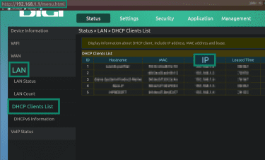 Router interface showing the router IP address, "LAN," and "DHCP Clients List" options.