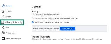 In the Firefox settings, the Privacy and security option is highlighted.