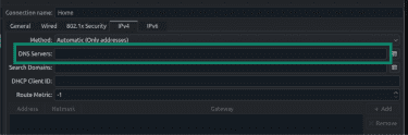 The DNS field highlighted within Linux's settings panel for a specific network connection.