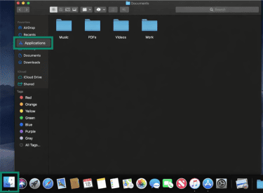 Finder open on Mac with Finder icon and Applications highlighted
