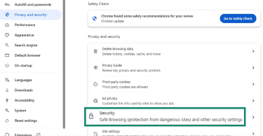 Where to find browser security settings in Chrome.