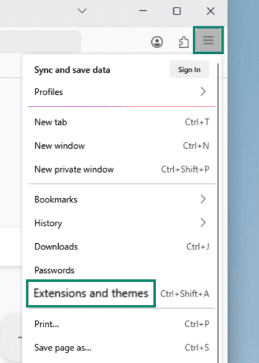 Hamburger icon and "Extensions and themes" option highlighted in Mozilla Firefox.