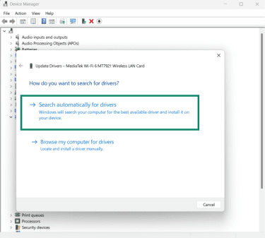 The Device Manager utility, showing the option to search automatically for new drivers to install.