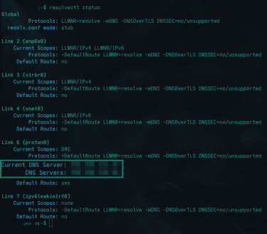 Linux Terminal showing resolvectl status with current DNS servers highlighted.