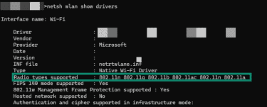 Command prompt window showing radio types supported by a particular router