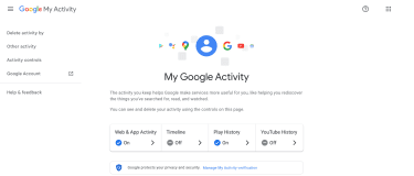 Google's My Activity page, showing the main controls for enabling or disabling tracking.