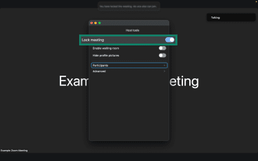 Lock meeting option in Zoom meeting settings.