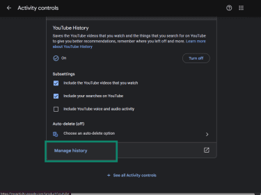 YouTube History open with Manage history option highlighted