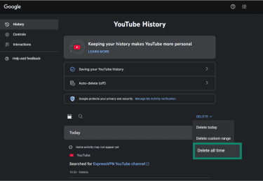 YouTube History open in a browser with Delete all time option higlighted