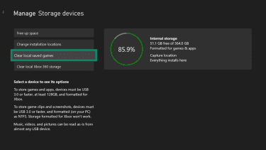 Xbox Manage storage devices menu with the Clear local saved games option highlighted.