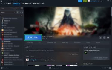 The main dashboard for a video game in the Steam Library with a prominent INSTALL button.