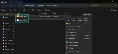 The contents of the User, AppData, Local, Steam folder on Windows with the user in the process of deleting all contents.