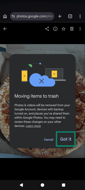 The photos.google.com site, displaying a photograph being moved to trash, highlighting the confirmation option.