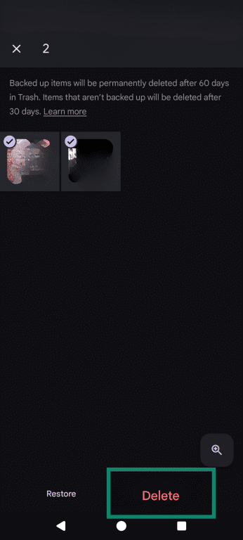 Google Photos trash menu, displaying two selected pictures and the Delete option.