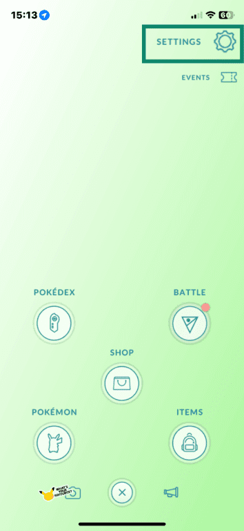 Pokémon GO app open on iOS with Settings option and cog icon highlighted