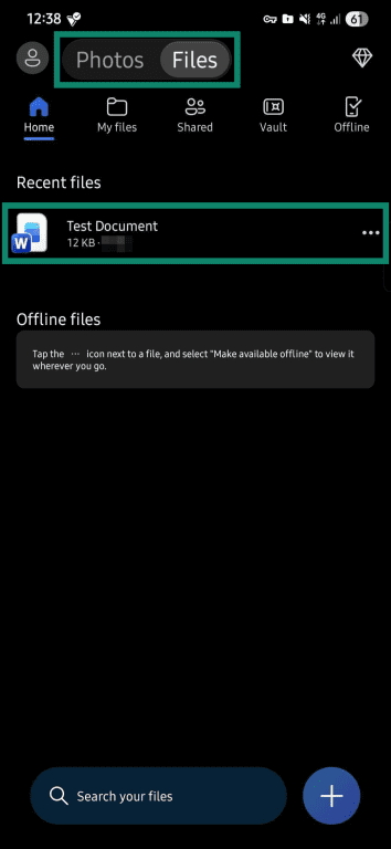 OneDrive files menu on Android.