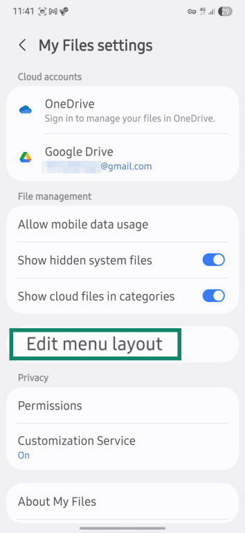 Android file manager backup menu.