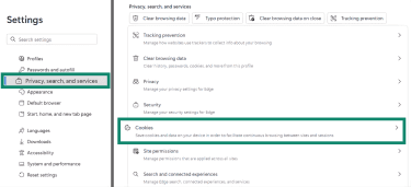 Edge browser cookies menu.