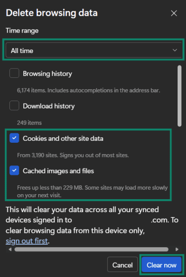 Cookies and other site data and Cached images and files selected, duration set to All Time, and Delete data option highlighted in Microsoft Edge's Delete browsing data menu.