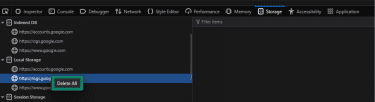 Delete all highlighted under a local storage entry within the Storage tab of Firefox developer tools.
