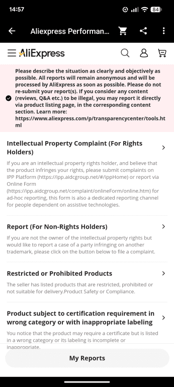 The AliExpress Performance Center, showing various reasons to report a store.
