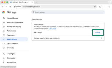 Chrome's Search engine settings with the Change button highlighted.