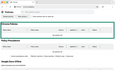 Chrome's Policy screen showing a list of custom policies that apply to the browser.